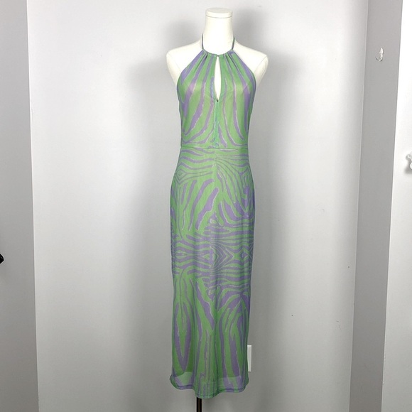 AFRM Kalina Halter Top Dress Green Purple Zebra size medium - Picture 4 of 15